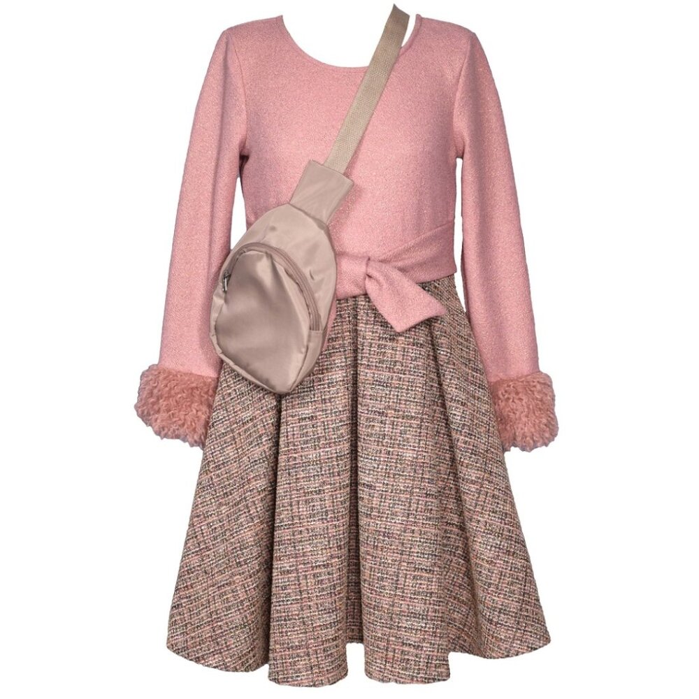 NEW Bonnie Jean Girls 4-16 Pink Crepe Tan Boucle’ Knit Dress X-Body Bag